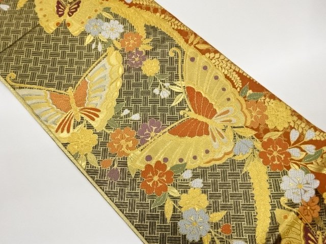 JAPANESE KIMONO / FUKURO OBI / WOVEN BUTTERFLY & SAKURA 